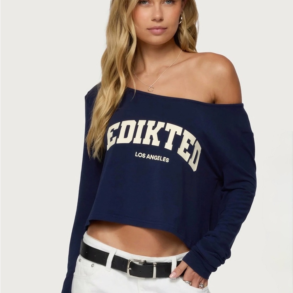 Edikted Navy Off-Shoulder Long Sleeve Top